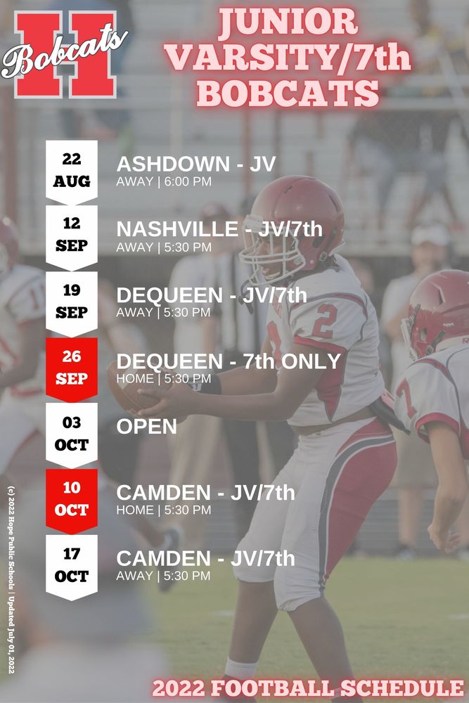 2022 Jr Varsity/7th Grade Bobcats Football Schedule! Yerger Middle School