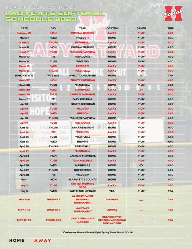 2023 Ladycats Softball Schedule | Hope Public Schools