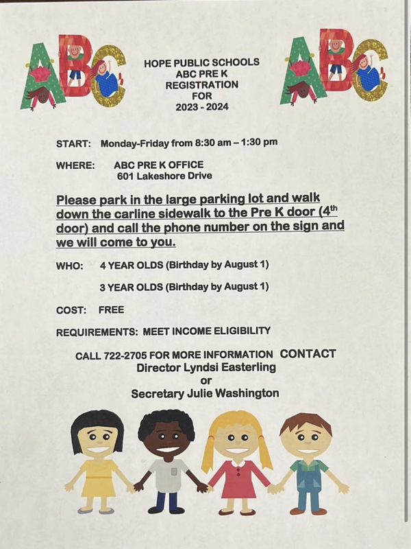 PreK Registration NOW OPEN! Hope Public Schools